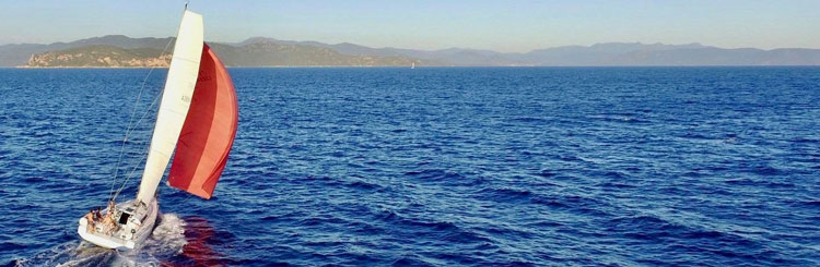 Plan large d'une mer bleue avec peu de houle et ciel dégagé avec la côte à l'horizon, au premier plan à gauche un voilier avance avec un spi rouge